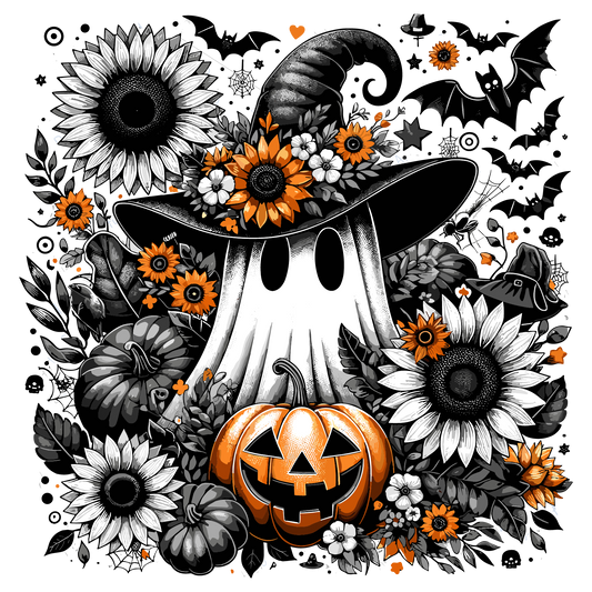 Spooky Ghost Halloween Pumpkins Floral Artwork